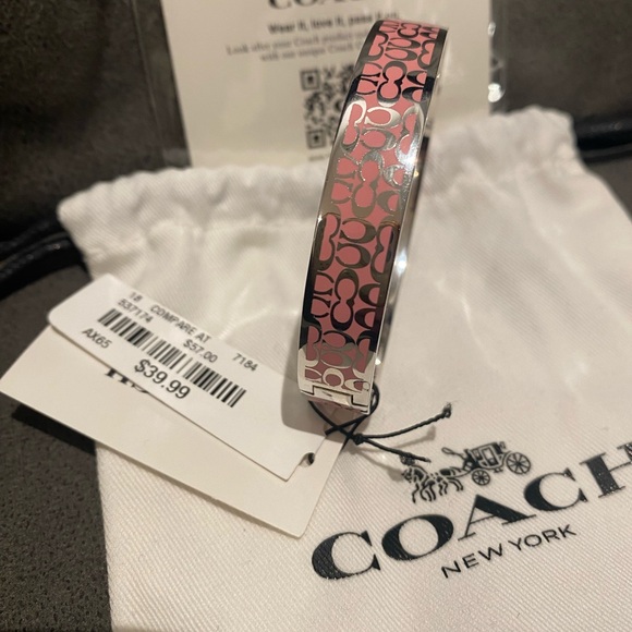 NWT COACH C Logo Signature Enamel Hinged Bracelet PINK SILVER - Picture 2 of 6